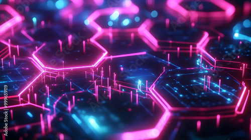 Wallpaper Mural A digital background of futuristic neon hexagons, symbolizing advanced technology networks Torontodigital.ca