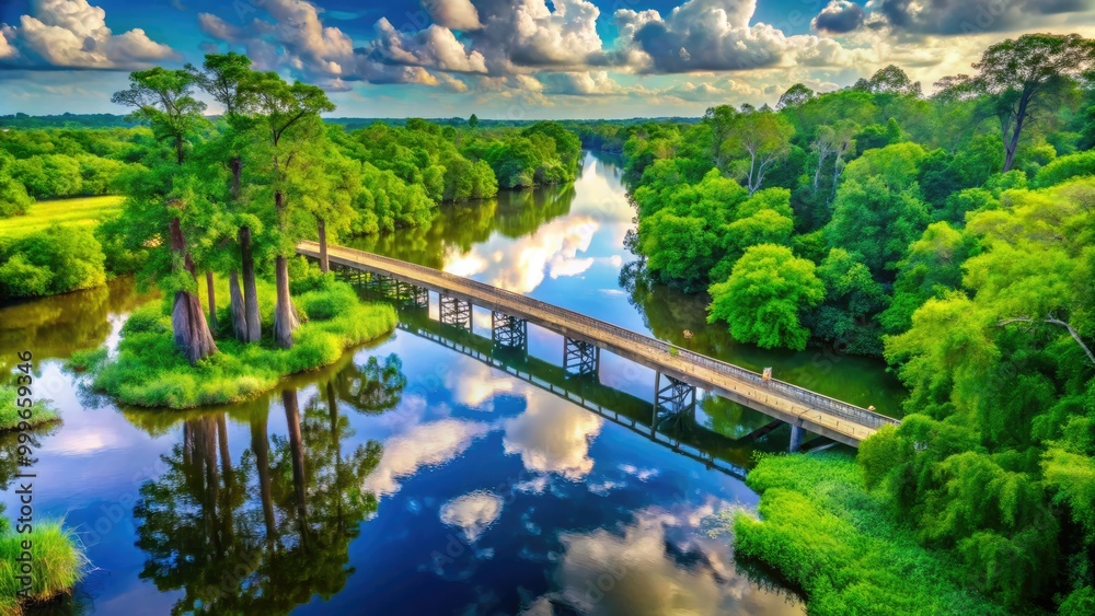A tranquil Basin Bridge in Louisiana, embraced by vibrant greenery, reflects beautifully on serene waters, creating a picturesque and peaceful natural setting to admire.