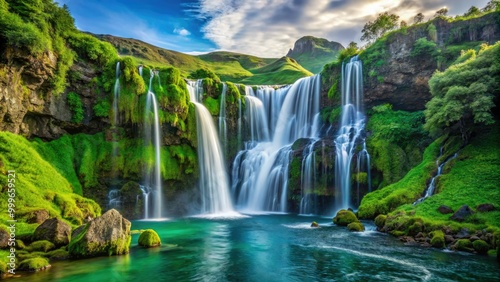 A stunning waterfall flows gracefully down lush green cliffs, surrounded by a peaceful natural landscape illuminated by the gentle embrace of daylight.