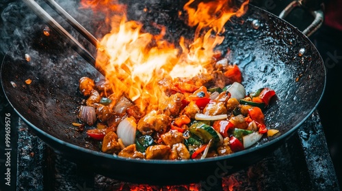 Stir-Frying Vegetables and Meat in a Flaming Wok for Traditional Asian Cuisine