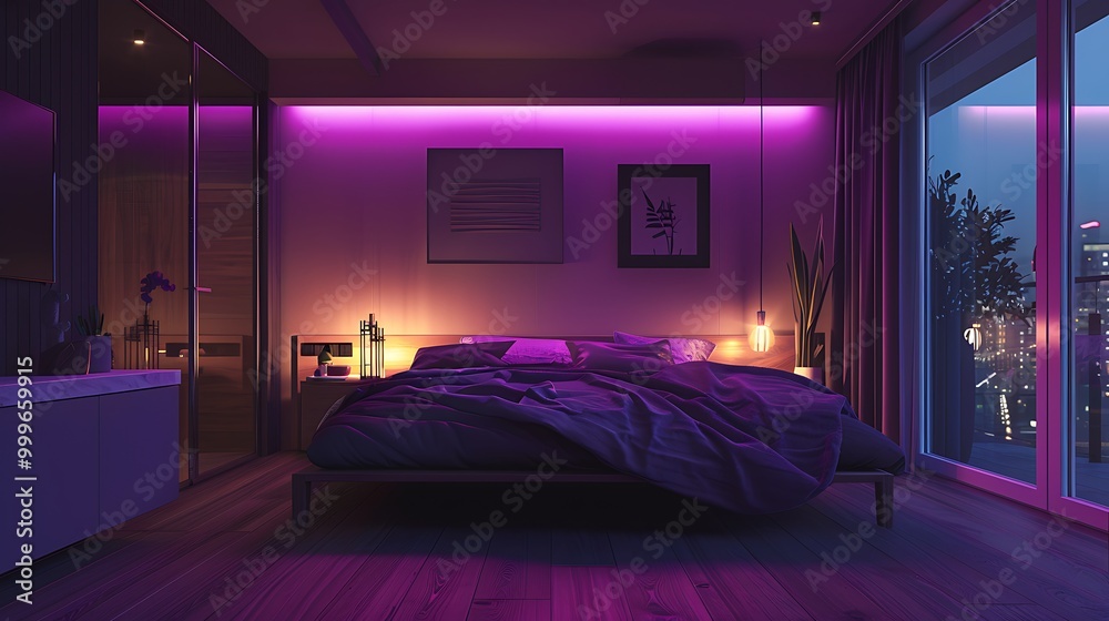 Warm purple hues are added to the room lights by a clever device to provide a cozy mood