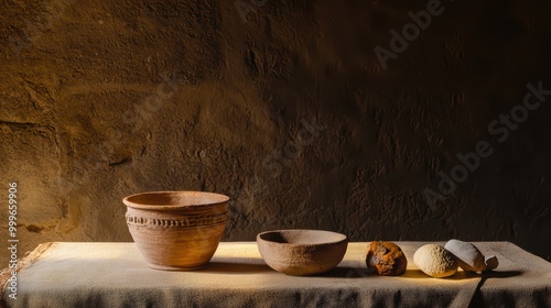 Traditional pottery bowls arranged on a rustic cloth against a textured wall background.