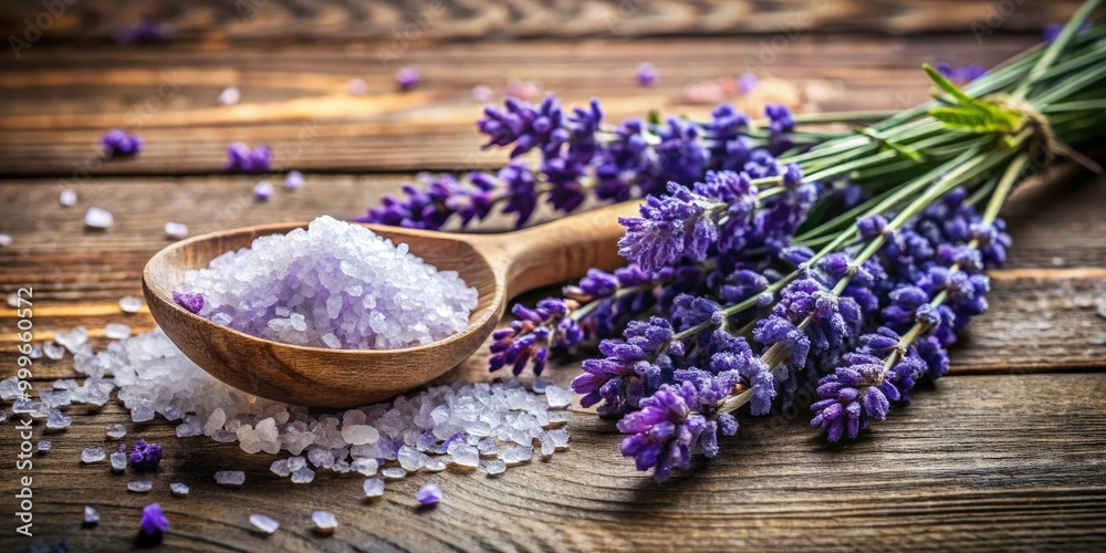 A serene display of sea salt mingled with lavender blossoms on a rustic wood backdrop, evoking tranquility and promoting wellness through natureâ€™s gentle beauty.