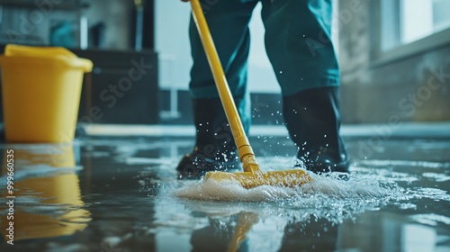 A person in workwear cleans a flooded floor with a mop.
