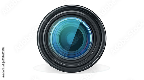 Close-up of a camera lens with a blue and black aperture.