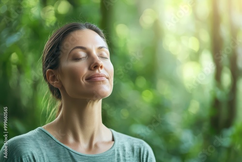 Woman meditating peacefully in a green forest, embracing tranquility and mindfulness.