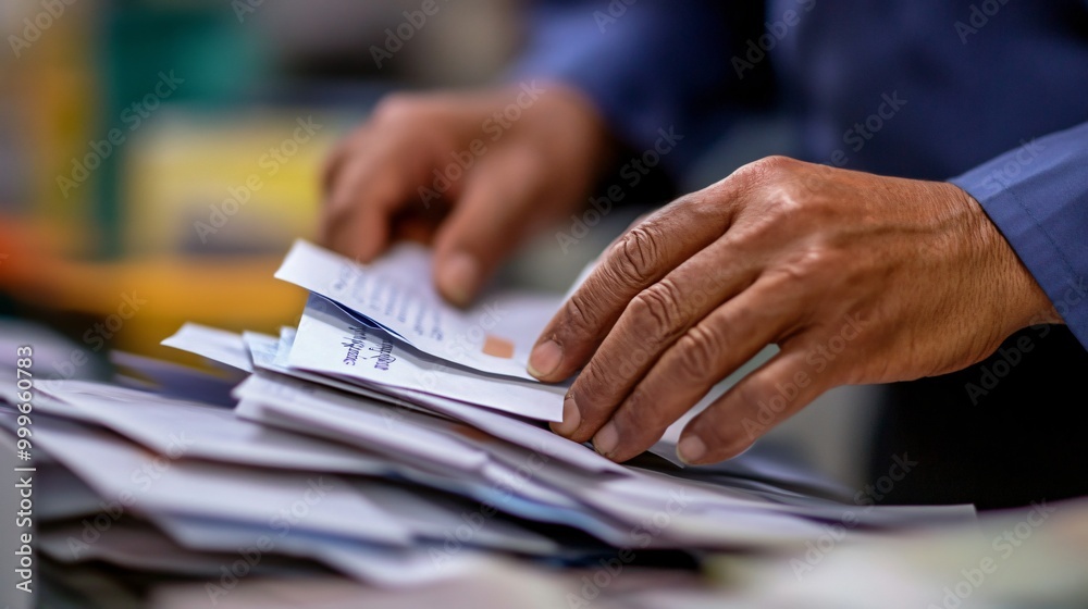 A hand sorting through a stack of envelopes. A hand sorting through a stack of envelopes.