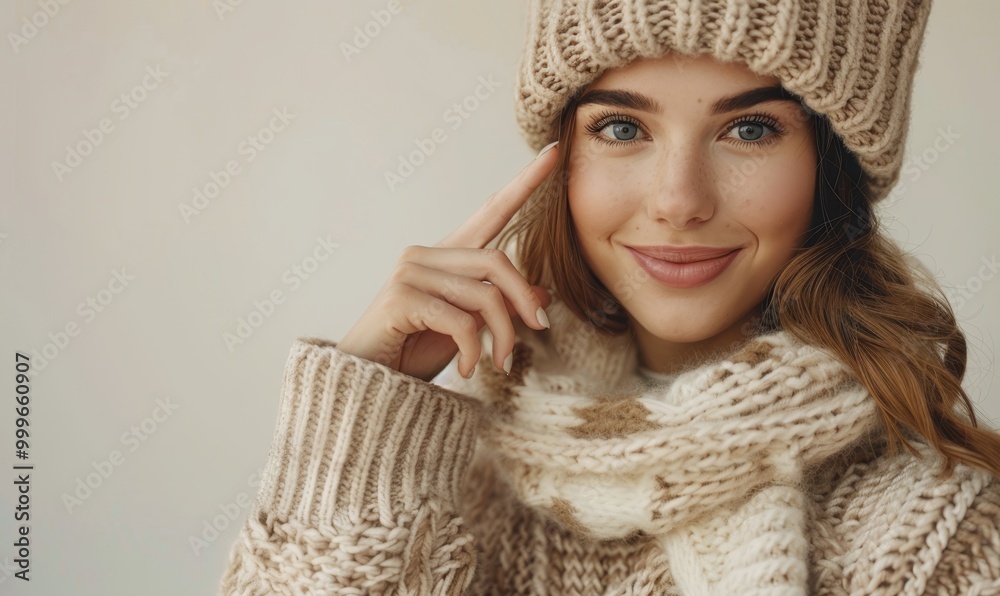 Beautiful woman in warm outfit presents copy space pointing to side with her index finger. Caucasian woman in hat and knitted sweater showing advertisement on khaki background Beautiful woman in warm outfit presents copy space pointing to side with her index finger. Caucasian woman in hat and knitted sweater showing advertisement on khaki background