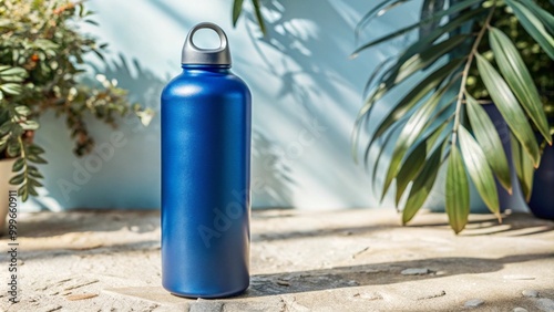 mock up empty blue water bottle thermos, white background,