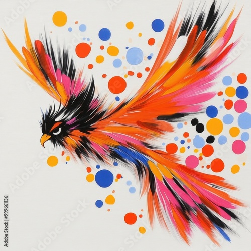 Vibrant abstract artwork of a soaring bird surrounded by colorful dots and joyful hues photo