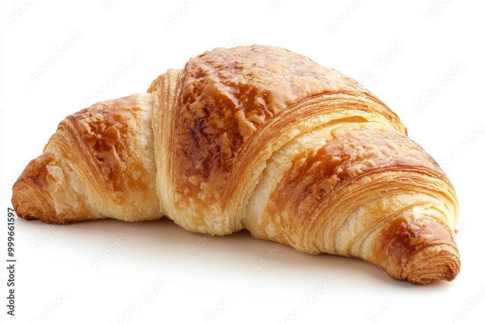 Single plain croissant on white background. Fresh baked pastry, closeup - generative ai Single plain croissant on white background. Fresh baked pastry, closeup - generative ai