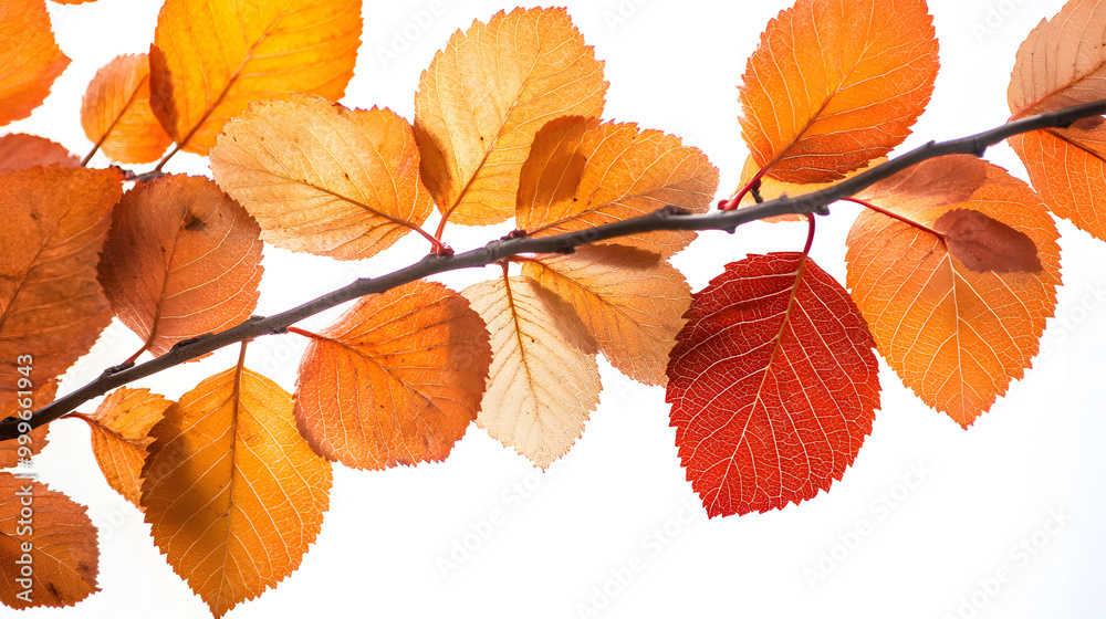 Vibrant orange and red autumn leaves branch isolated on white background Vibrant orange and red autumn leaves branch isolated on white background