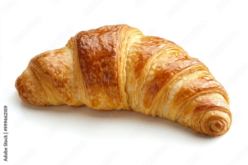 Single plain croissant on white background. Fresh baked pastry, closeup - generative ai Single plain croissant on white background. Fresh baked pastry, closeup - generative ai