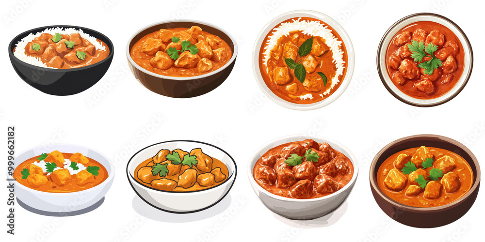 Set of Chicken Tikka Masala png mockup in cartoon 3d without background for Indian food decoration. Set of Chicken Tikka Masala png mockup in cartoon 3d without background for Indian food decoration.