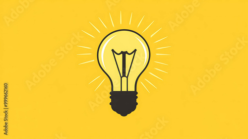 Simple light bulb graphic with light rays on yellow background.