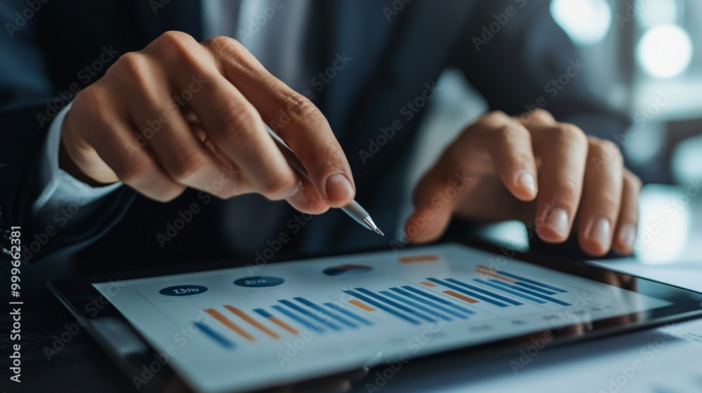 A man's hand using a stylus to interact with a tablet displaying a graph. A man's hand using a stylus to interact with a tablet displaying a graph.