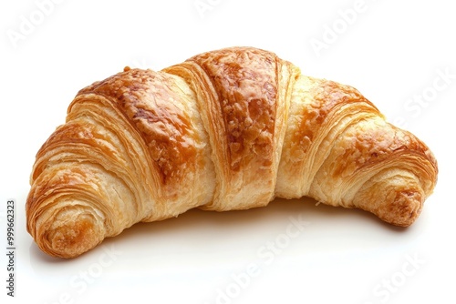 Single plain croissant on white background. Fresh baked pastry, closeup - generative ai