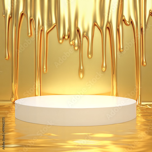 White empty low circular podium with smooth surface surrounded by flowing metallic gold drips on glossy golden background. Luxurious product display background with copy space