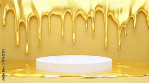 White empty low circular podium with smooth surface surrounded by flowing metallic gold drips on glossy golden background. Luxurious product display background with copy space
