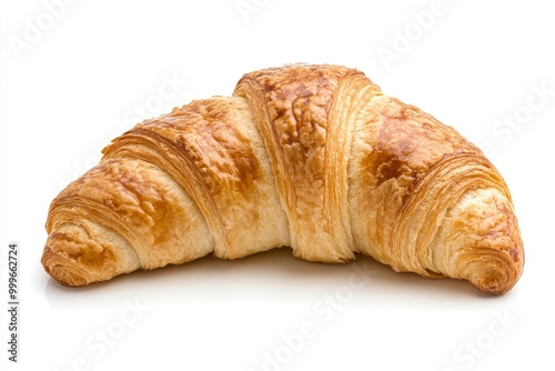 Single plain croissant on white background. Fresh baked pastry, closeup - generative ai