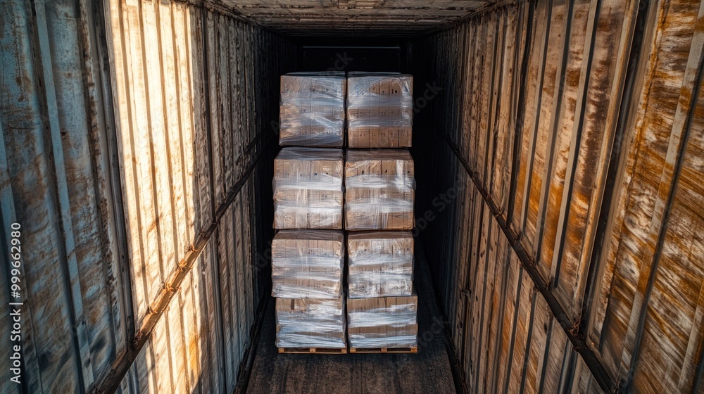 Naklejka premium Aerial view of stacked pallets in a shipping container, ready for transport.