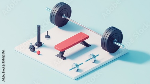 A stylized fitness setup featuring weights and a bench for strength training.