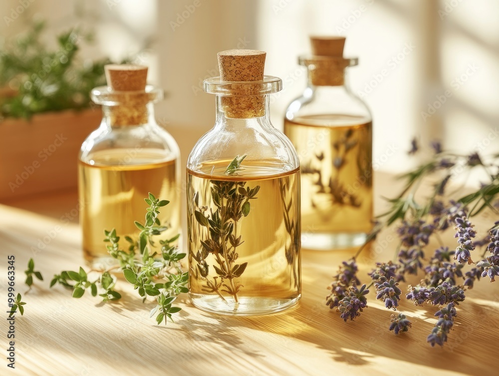 A group of glass bottles filled with herbal oil, each containing sprigs of fresh herbs. Aromatherapy. AI generated A group of glass bottles filled with herbal oil, each containing sprigs of fresh herbs. Aromatherapy. AI generated