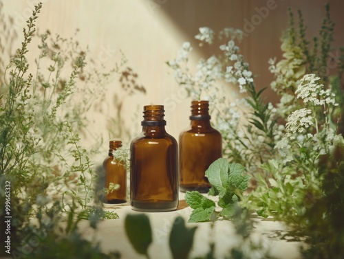 A group of glass bottles filled with herbal oil, each containing sprigs of fresh herbs. Aromatherapy. AI generated