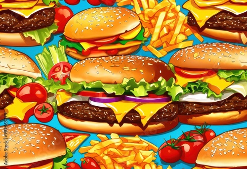 vivid close colorful fast food array fresh ingredients highlighting textures shapes, burger, fries, lettuce, tomatoes, onions, cheese, patty, pickles