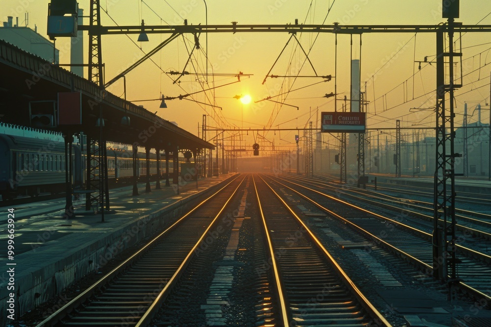 A serene scene of the sunset falling behind a set of train tracks, with the golden light casting a warm glow A serene scene of the sunset falling behind a set of train tracks, with the golden light casting a warm glow