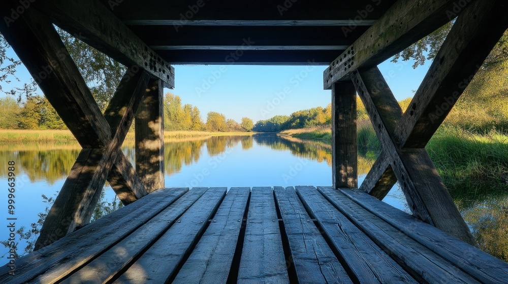 A serene view from a wooden platform overlooking a calm river surrounded by trees.