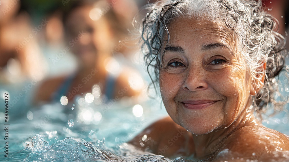 Happy Elderly Woman Enjoying Water Aerobics Class with Splash, Close-up Joyful Expression Happy Elderly Woman Enjoying Water Aerobics Class with Splash, Close-up Joyful Expression