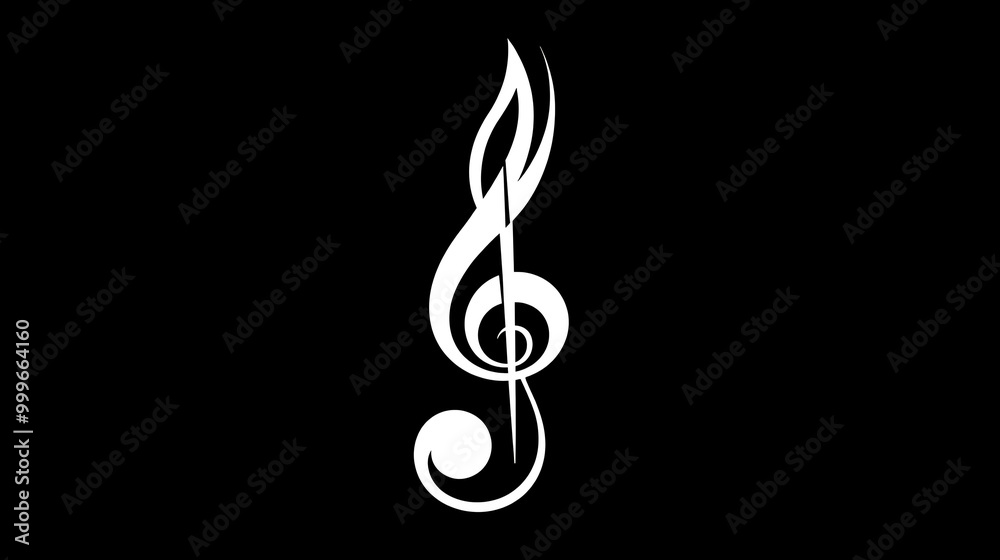 A white treble clef on a black background. A white treble clef on a black background.