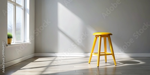 A bright yellow stool enhances the modern interior, bathed in natural light, perfectly complementing the minimalist decor and adding a cheerful pop of color.