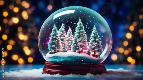A festive composition with Christmas trees and snow in a glass ball. It is snowing inside the ball and the trees are twinkling with lights. Christmas and New Year concept.
