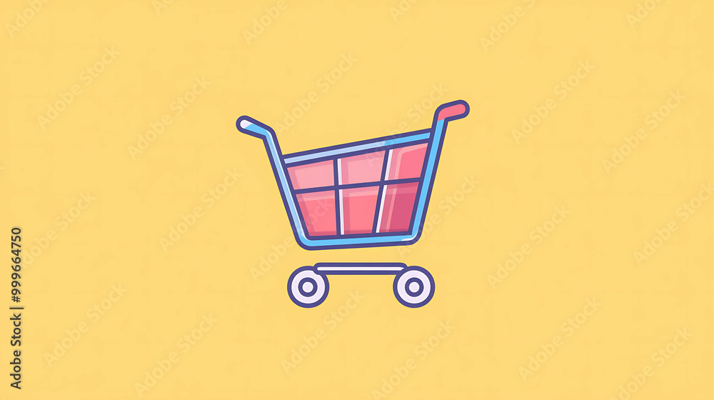 A simple cartoon shopping cart icon on a yellow background. A simple cartoon shopping cart icon on a yellow background.