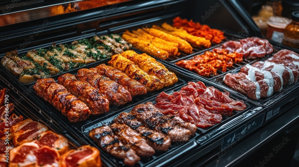 A vibrant display of various meats and grilled items arranged for selection. A vibrant display of various meats and grilled items arranged for selection.