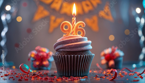 Birthday cupcake with burning lit candle with number 96. Number ninety-six for ninety-six years or ninety-sixth anniversary. photo