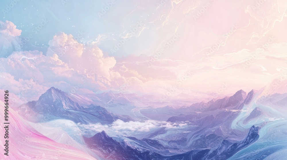 Obraz premium Dreamy Pastel Landscape with Majestic Mountains and Enchanting Cloudscapes