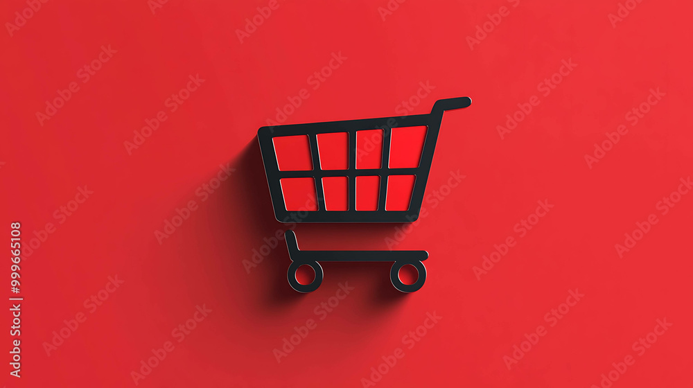 Black shopping cart icon on red background.