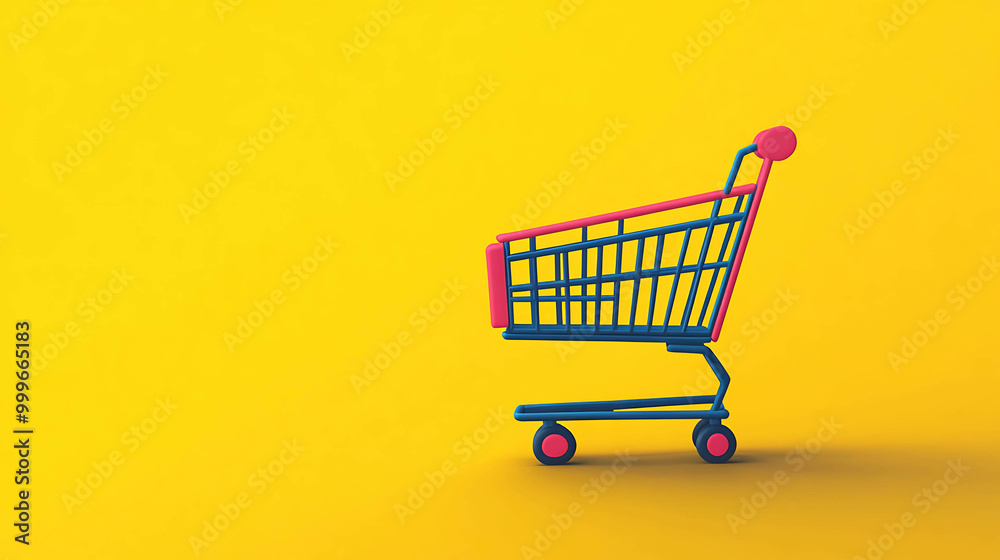 A pink and blue shopping cart on a yellow background.