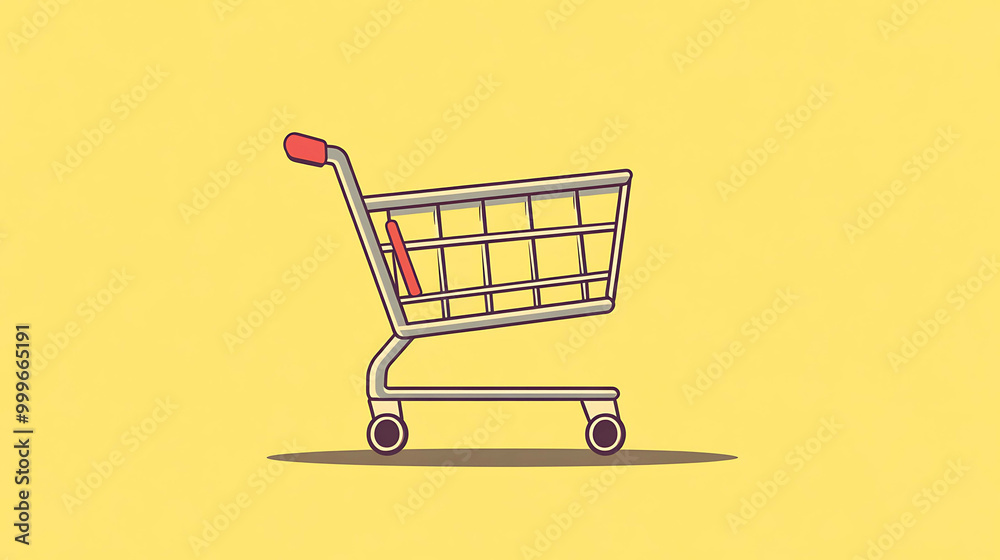 A simple, cartoon-style shopping cart on a yellow background. A simple, cartoon-style shopping cart on a yellow background.
