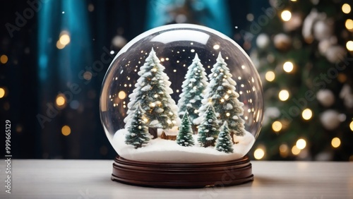 A festive composition with Christmas trees and snow in a glass ball. It is snowing inside the ball and the trees are twinkling with lights. Christmas and New Year concept.