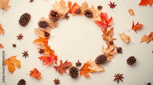 Rounded yellow brown autumn leaves and pine arranged copy space backgronund photo