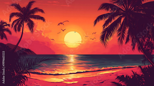 A vibrant sunset over a tropical beach with palm trees and birds flying in the sky.