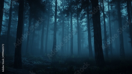 Blue scent dark pine forest with foggy mysterious effect nature park