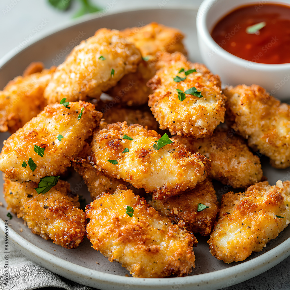 Crispy Bite-Sized Fried Snacks with Spicy Dipping Sauce on White Plate Crispy Bite-Sized Fried Snacks with Spicy Dipping Sauce on White Plate