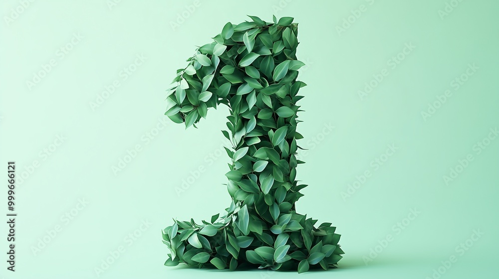 The number 1 is framed by a series of green leaves solid background The number 1 is framed by a series of green leaves solid background