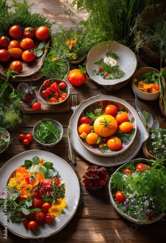 vibrant array eco friendly dishes presented rustic wooden table surrounded natural elements, packaging, colors, food, nature, organic, presentation