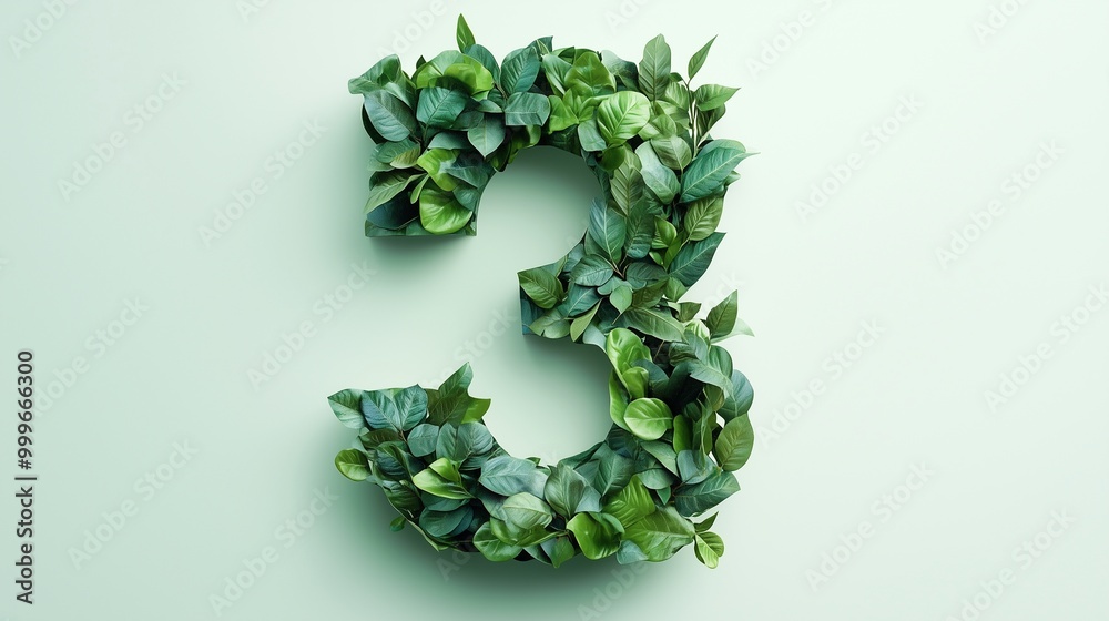The number 3 is framed by a series of green leaves solid background The number 3 is framed by a series of green leaves solid background